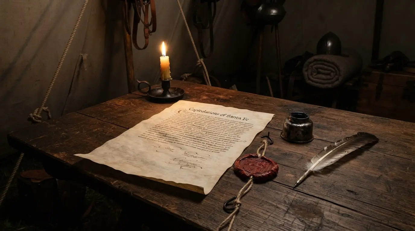 Facsimile pages of the Capitulations of Santa Fe glowing in candlelight beside Ferdinand and Isabella's wax seal, Santa Fe camp near Granada