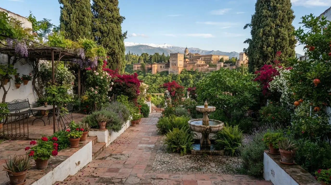 Terraced garden of a carmen in the Albaicín, Granada: terracotta path, stone fountain, tall cypresses and flowering vines, with the Alhambra palace filling the opposite hillside — the cármenes Albaicín Granada typology at its most characteristic