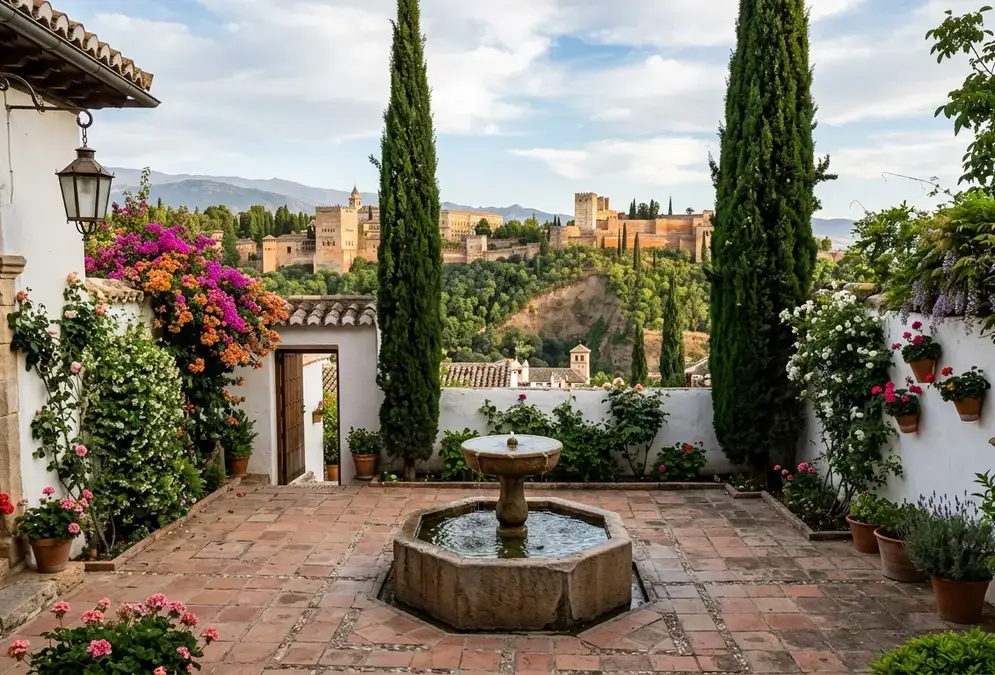 Terraced garden of a carmen in the Albaicín, Granada: terracotta path, stone fountain, tall cypresses and flowering vines, with the Alhambra palace filling the opposite hillside — the cármenes Albaicín Granada typology at its most characteristic