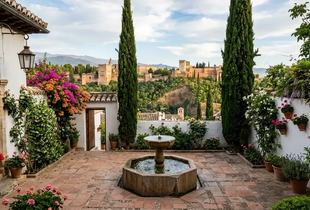 Terraced garden of a carmen in the Albaicín, Granada: terracotta path, stone fountain, tall cypresses and flowering vines, with the Alhambra palace filling the opposite hillside — the cármenes Albaicín Granada typology at its most characteristic