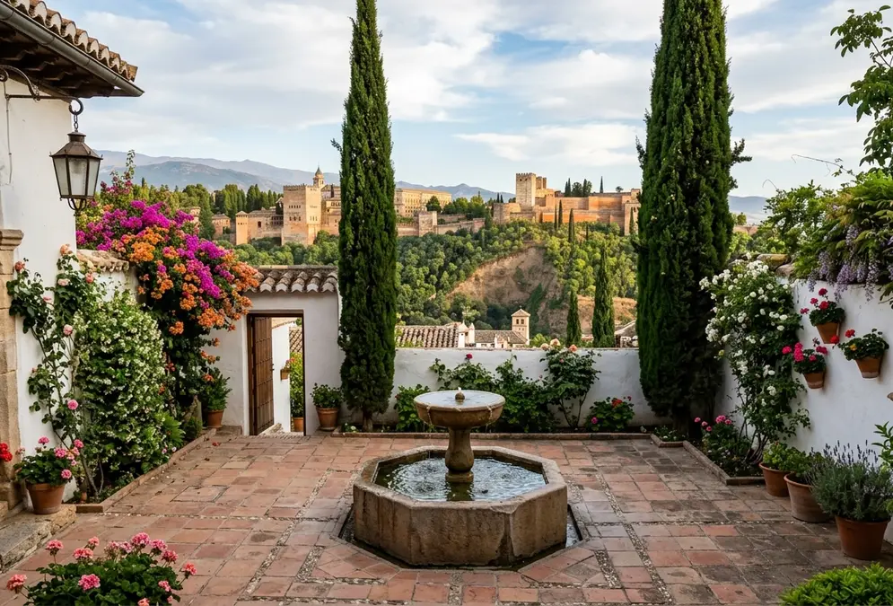 Terraced garden of a carmen in the Albaicín, Granada: terracotta path, stone fountain, tall cypresses and flowering vines, with the Alhambra palace filling the opposite hillside — the cármenes Albaicín Granada typology at its most characteristic