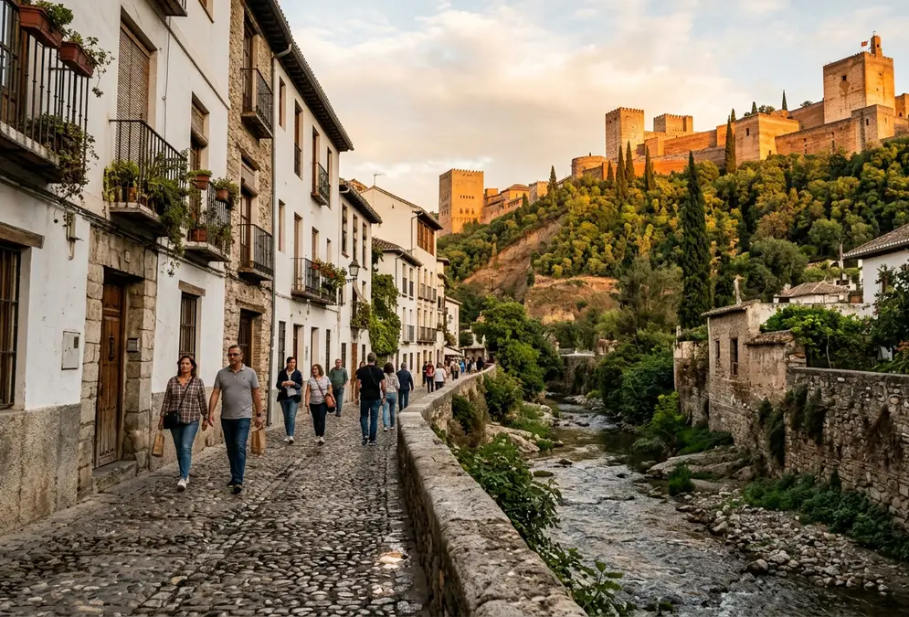 Cobblestone Carrera del Darro street Granada medieval with Darro river flowing alongside and Alhambra towers rising above the south bank at golden hour