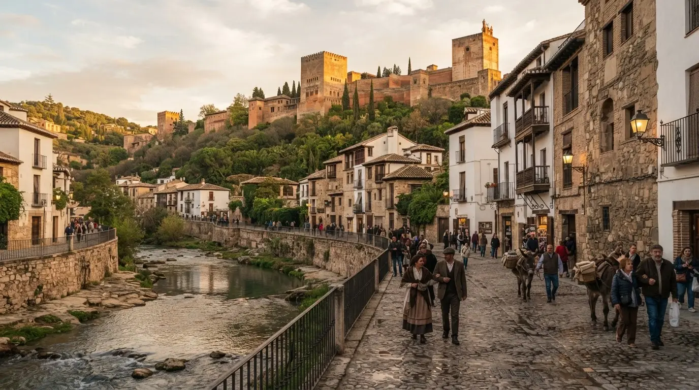 Cobblestone Carrera del Darro street Granada medieval with Darro river flowing alongside and Alhambra towers rising above the south bank at golden hour