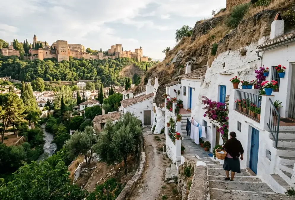 Exterior of Sacromonte cave houses in Granada, whitewashed facades cut into the Alhambra-Formation conglomerate hillside above the Darro River valley, with the Alhambra visible in the background