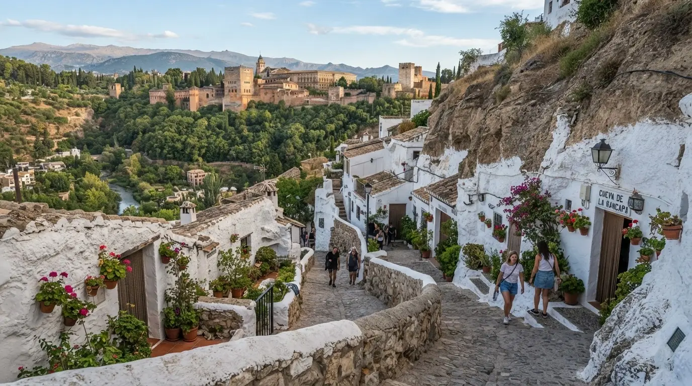 Exterior of Sacromonte cave houses in Granada, whitewashed facades cut into the Alhambra-Formation conglomerate hillside above the Darro River valley, with the Alhambra visible in the background