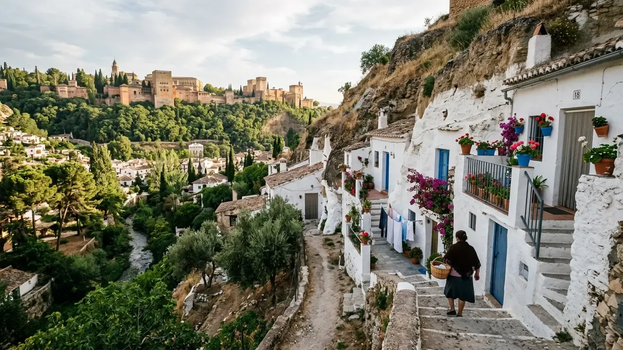 Exterior of Sacromonte cave houses in Granada, whitewashed facades cut into the Alhambra-Formation conglomerate hillside above the Darro River valley, with the Alhambra visible in the background