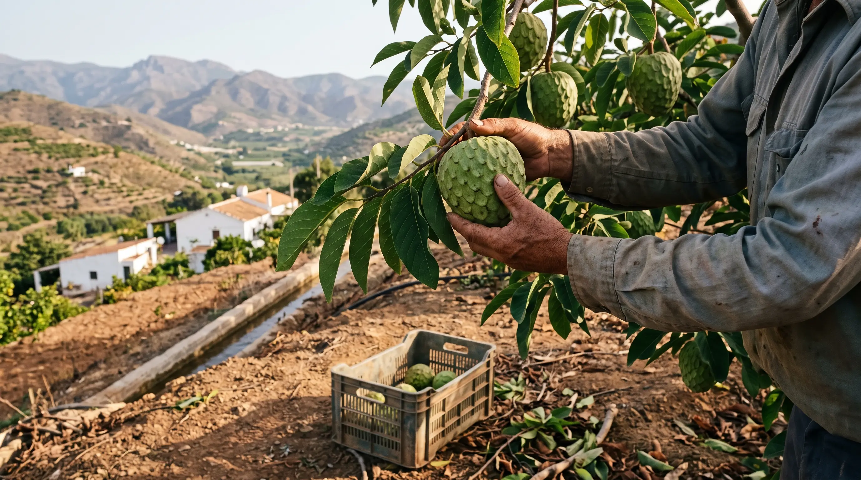 Ripe chirimoya fruit hanging among broad leaves in a terraced orchard on the Costa Tropical, Granada, soft morning light, chirimoya costa tropical
