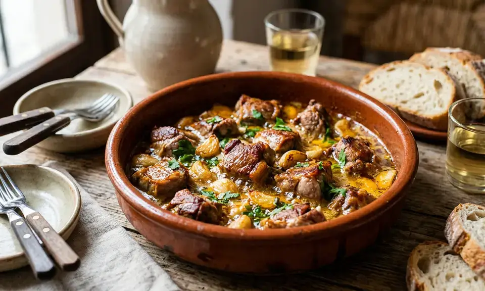 Choto al ajillo — braised baby goat pieces in golden garlic and white wine sauce in a terracotta cazuela, Granada traditional dish