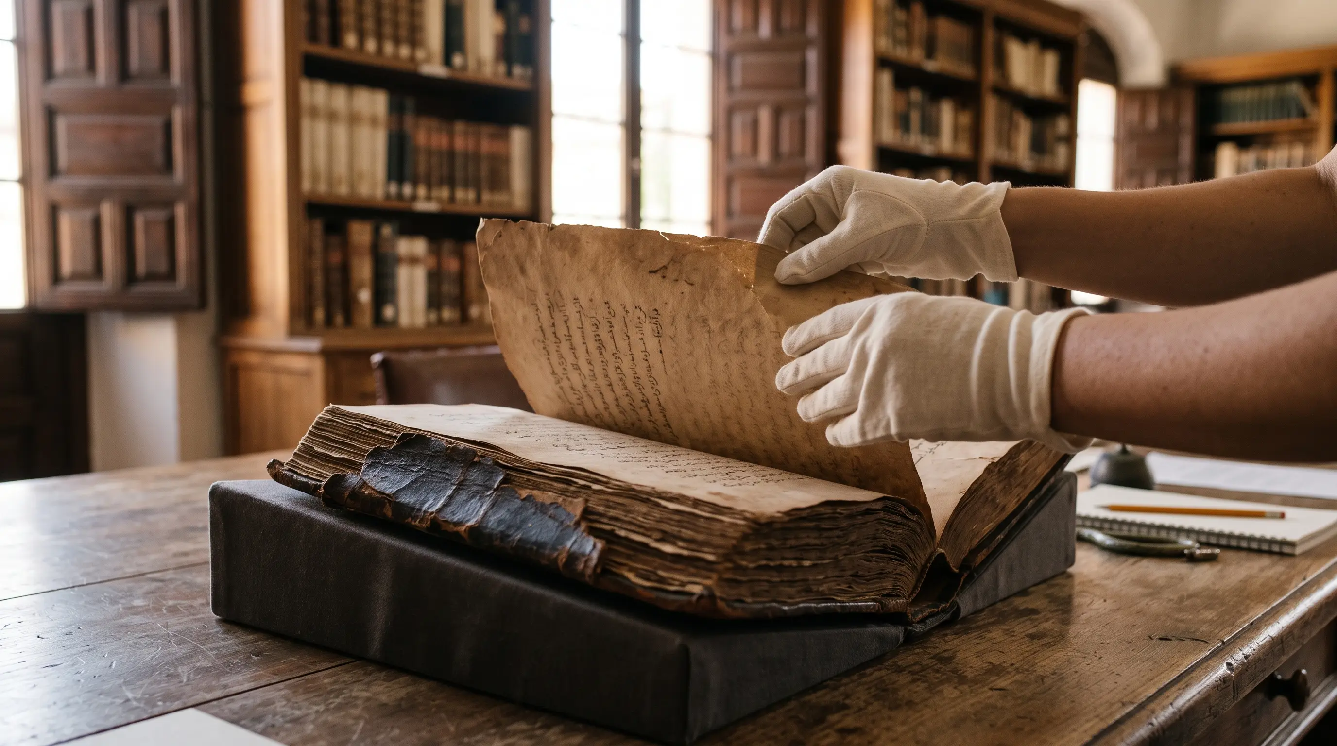 White-gloved hands turn a page of an aged Arabic manuscript on a cushioned book support in a wood-shelved archive reading room
