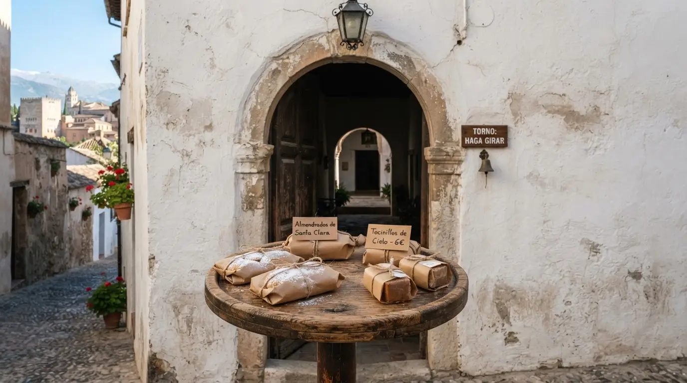 Convent sweets Granada torno — whitewashed convent wall with wooden revolving hatch, small parcels of dulces conventuales including almendrados and tocinillos wrapped in brown paper, morning light through arched doorway