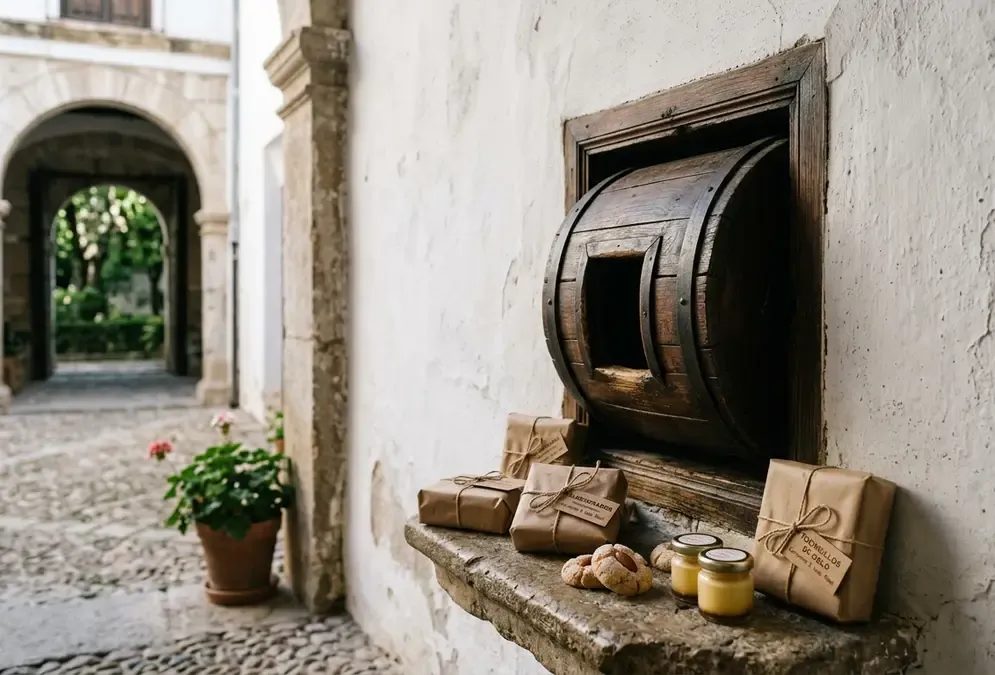 Convent sweets Granada torno — whitewashed convent wall with wooden revolving hatch, small parcels of dulces conventuales including almendrados and tocinillos wrapped in brown paper, morning light through arched doorway