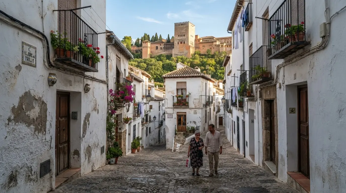 Narrow whitewashed street in the Realejo neighbourhood of Granada, Spain, the former medieval Jewish quarter at the heart of convivencia between Muslims, Jews, and Christians in Nasrid Granada, with the Alhambra visible on the hill above