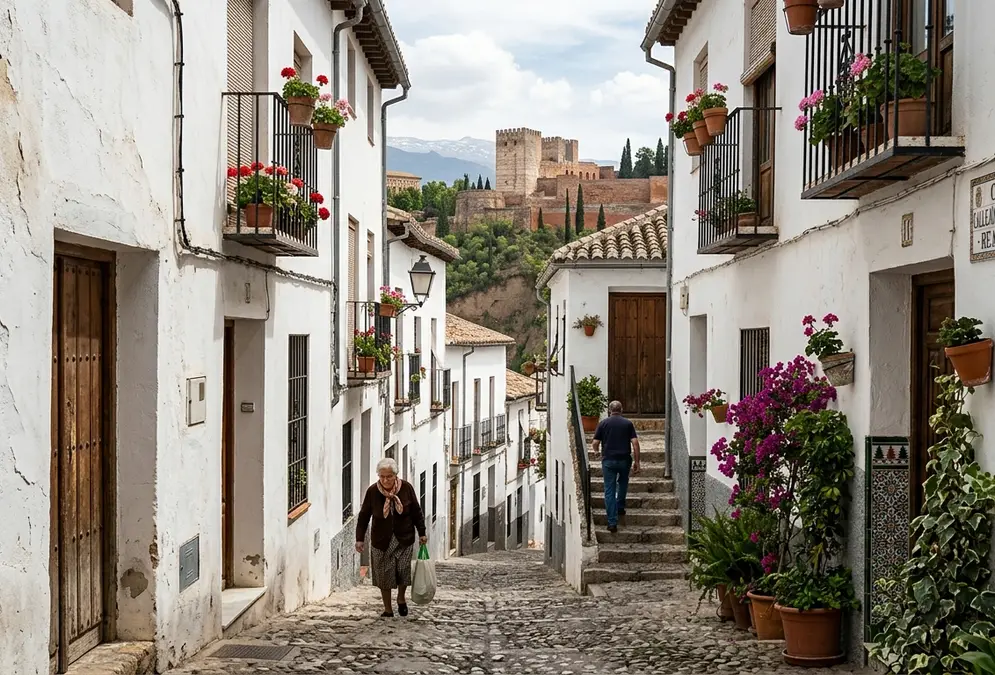 Narrow whitewashed street in the Realejo neighbourhood of Granada, Spain, the former medieval Jewish quarter at the heart of convivencia between Muslims, Jews, and Christians in Nasrid Granada, with the Alhambra visible on the hill above