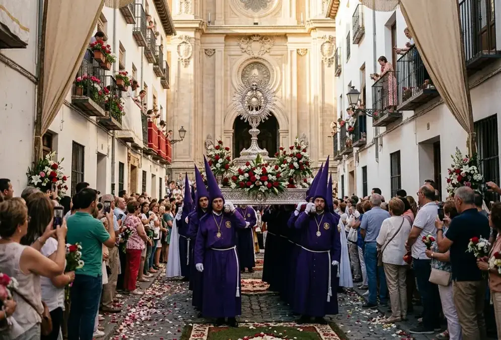 Tarasca figure and gigantes parade through Granada city centre during Corpus Christi celebrations