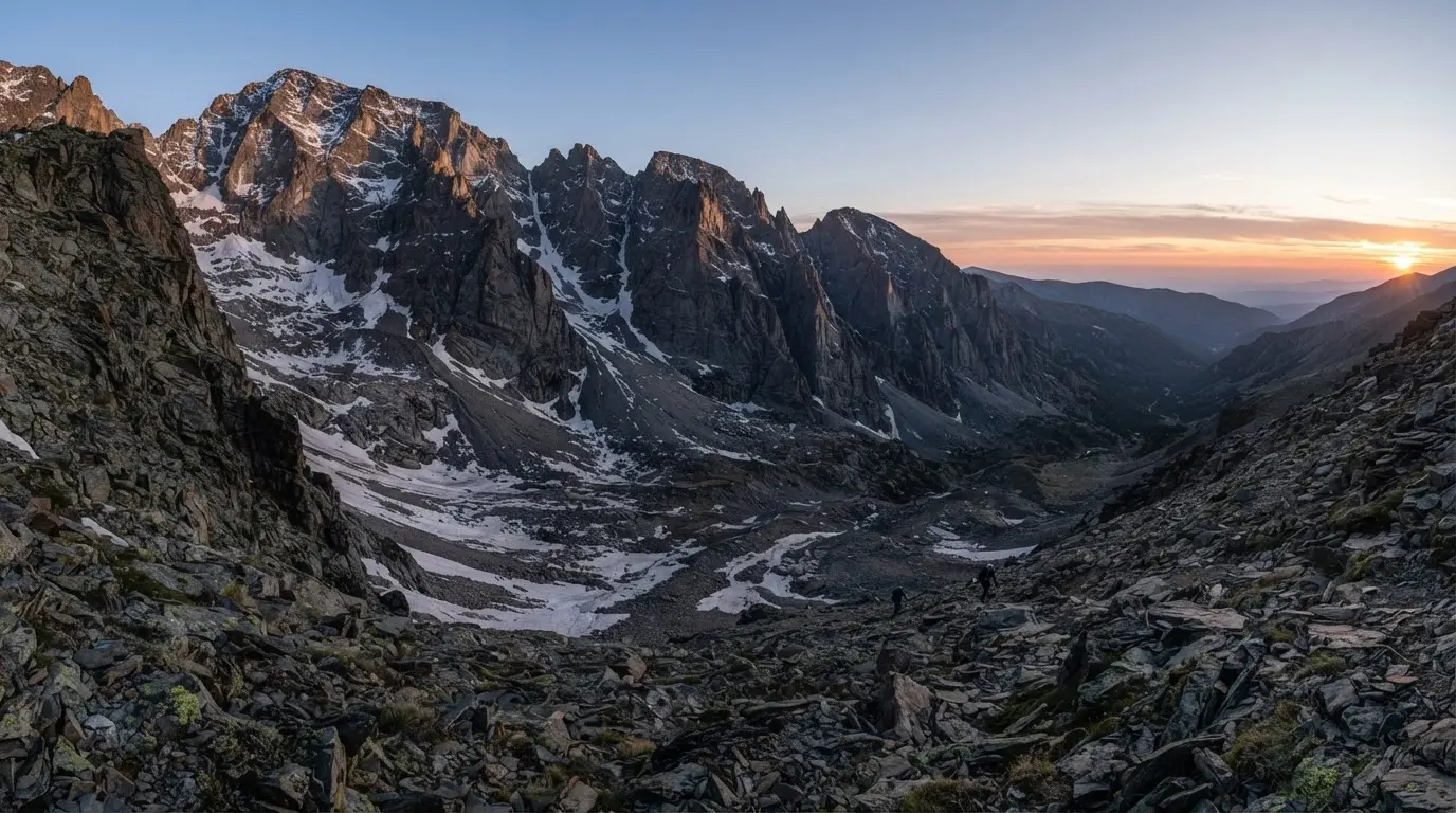 Corral del Veleta cirque in Sierra Nevada at dawn, north-facing rock walls over 300 metres high surrounding the glacial remnant below, snow patches clinging to shadowed scree at 3,100 metres