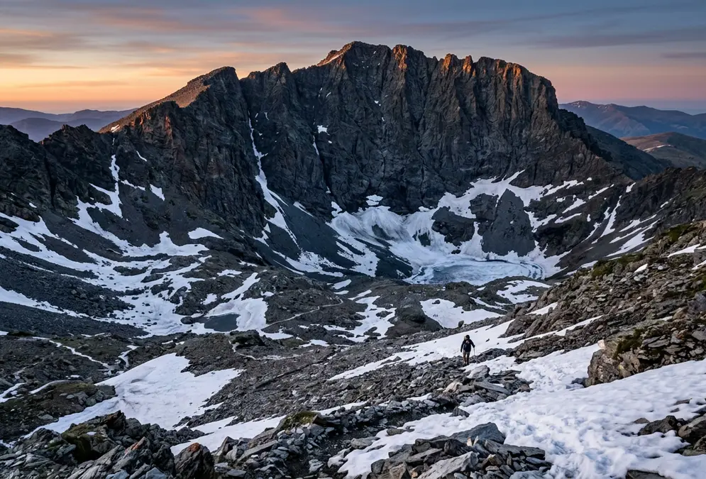 Corral del Veleta cirque in Sierra Nevada at dawn, north-facing rock walls over 300 metres high surrounding the glacial remnant below, snow patches clinging to shadowed scree at 3,100 metres