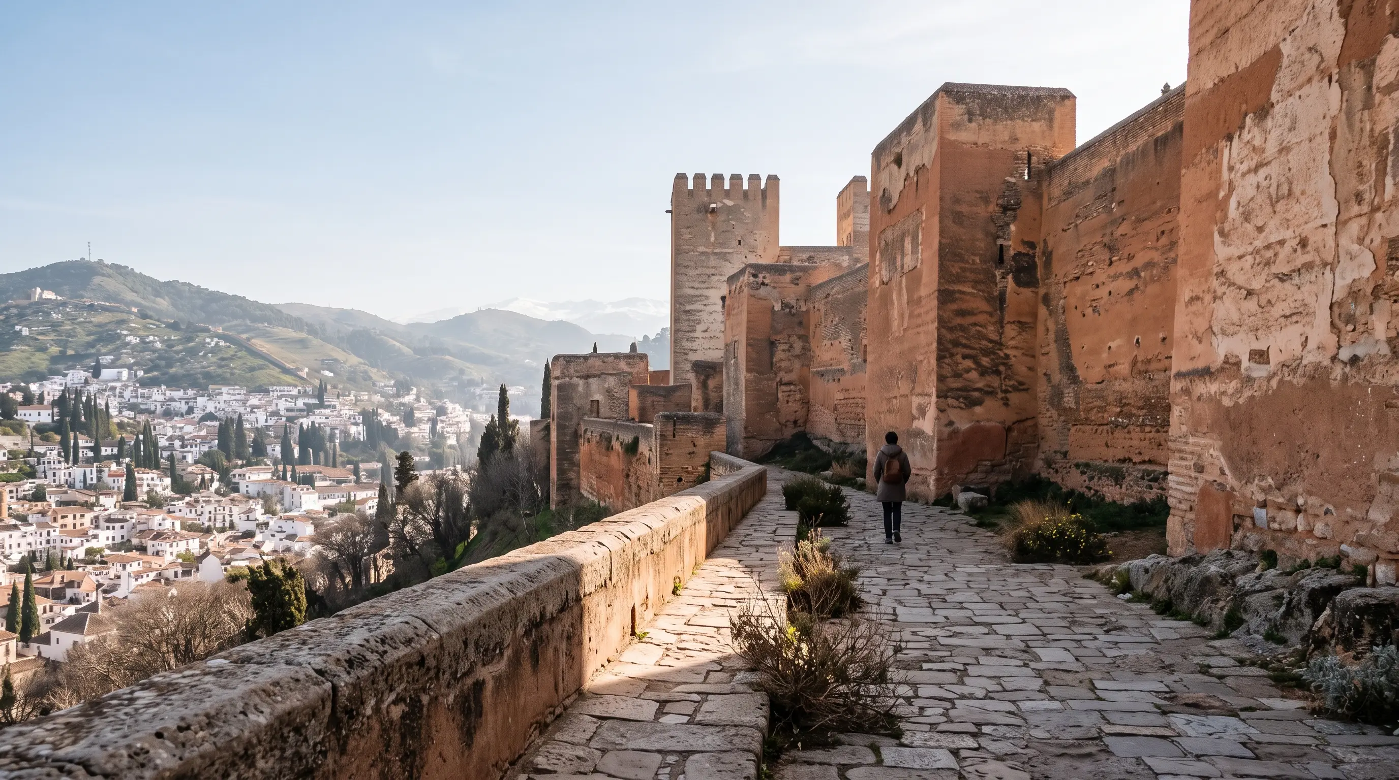 Count of Tendilla Alhambra scene: a Castilian nobleman in dark late-fifteenth-century dress at an arched window of a Nasrid palace, a pomegranate on the sill, warm afternoon light on carved plasterwork