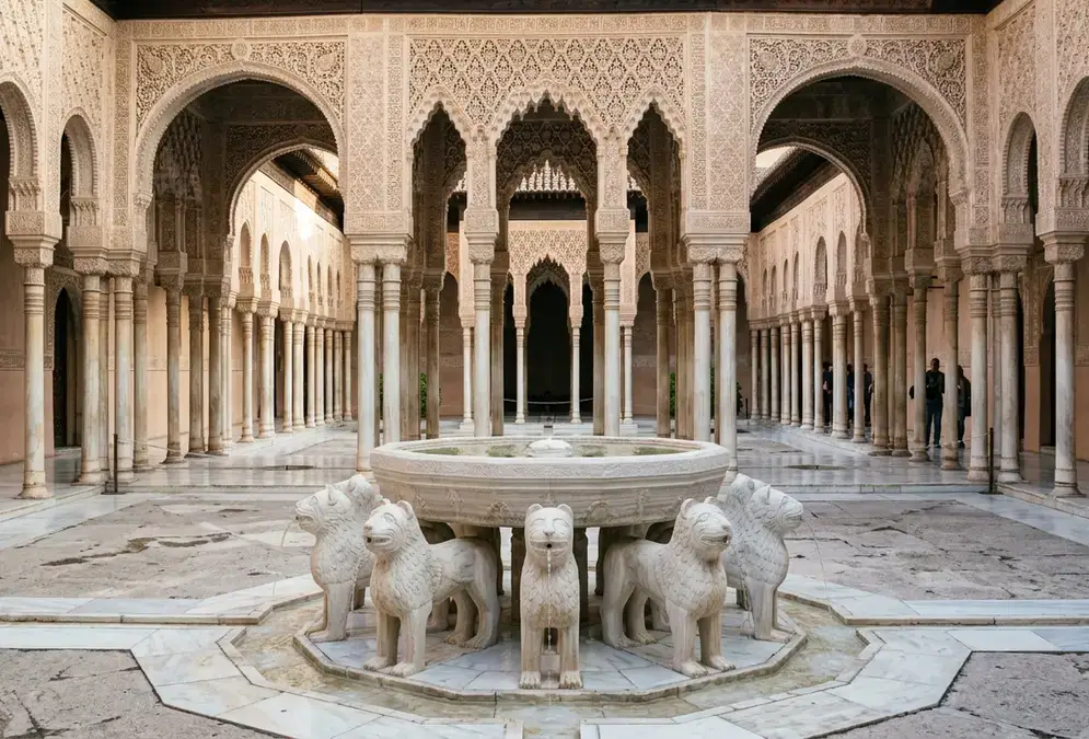 Court of the Lions Alhambra Granada interior view, twelve white marble lion fountain in centre, 124 slender columns of the arcade receding in perspective, morning sidelight on muqarnas capitals