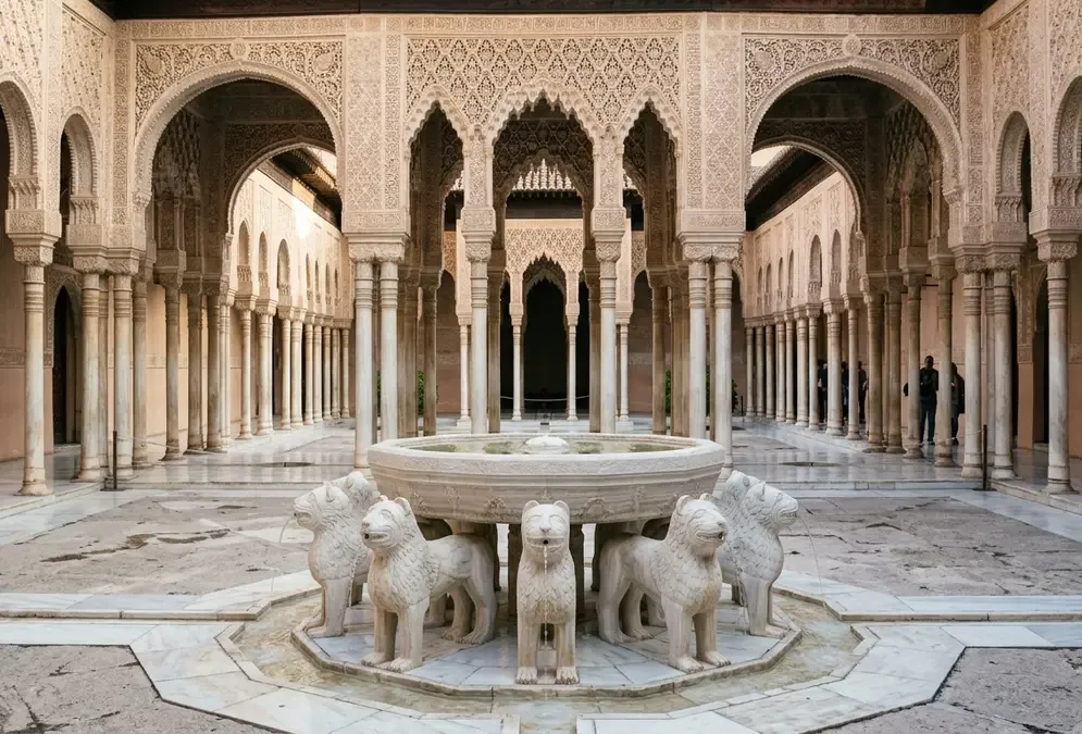 Court of the Lions Alhambra Granada interior view, twelve white marble lion fountain in centre, 124 slender columns of the arcade receding in perspective, morning sidelight on muqarnas capitals