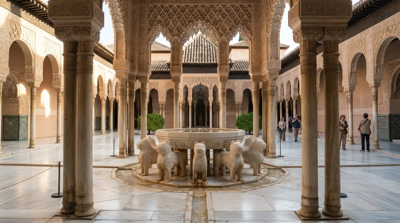 Court of the Lions Alhambra Granada interior view, twelve white marble lion fountain in centre, 124 slender columns of the arcade receding in perspective, morning sidelight on muqarnas capitals
