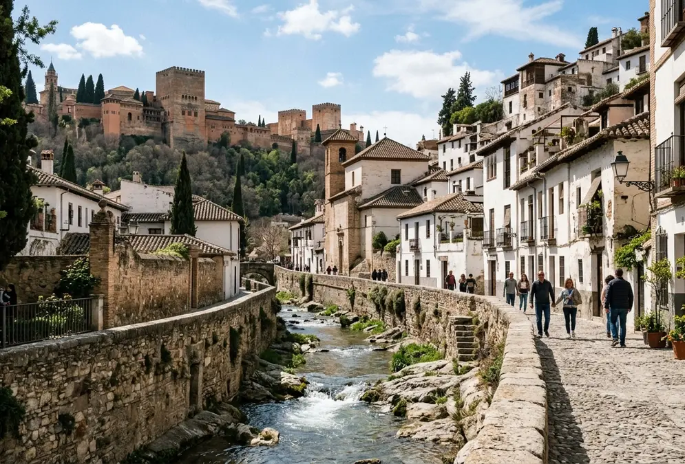 The Darro river flowing through the Carrera del Darro gorge in Granada, with the Albaicín hillside rising above and the Alhambra towers visible through the gorge