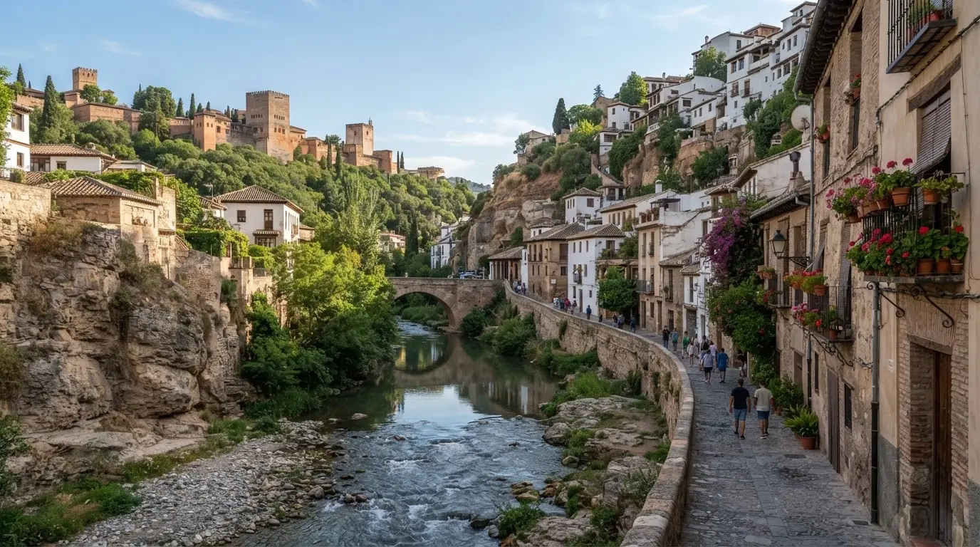 The Darro river flowing through the Carrera del Darro gorge in Granada, with the Albaicín hillside rising above and the Alhambra towers visible through the gorge