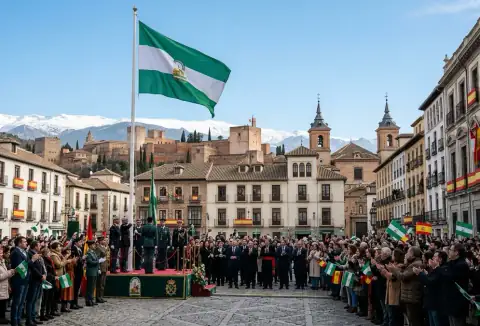 Flag-raising ceremony in a Granada plaza on Andalusia Day, green-and-white Andalusian flag against a clear winter sky
