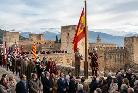 Tremolación del Estandarte Real ceremony at the Royal Chapel in Granada on January 2, with officials waving the Royal Standard