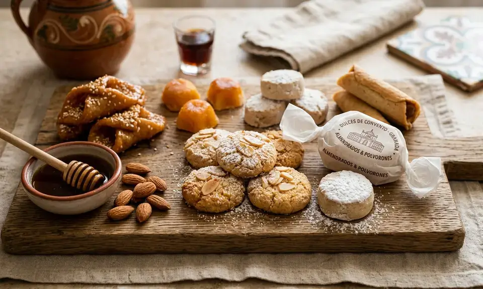 Dulces de convento Granada — assorted convent sweets including almendrados and polvorones on a wooden board
