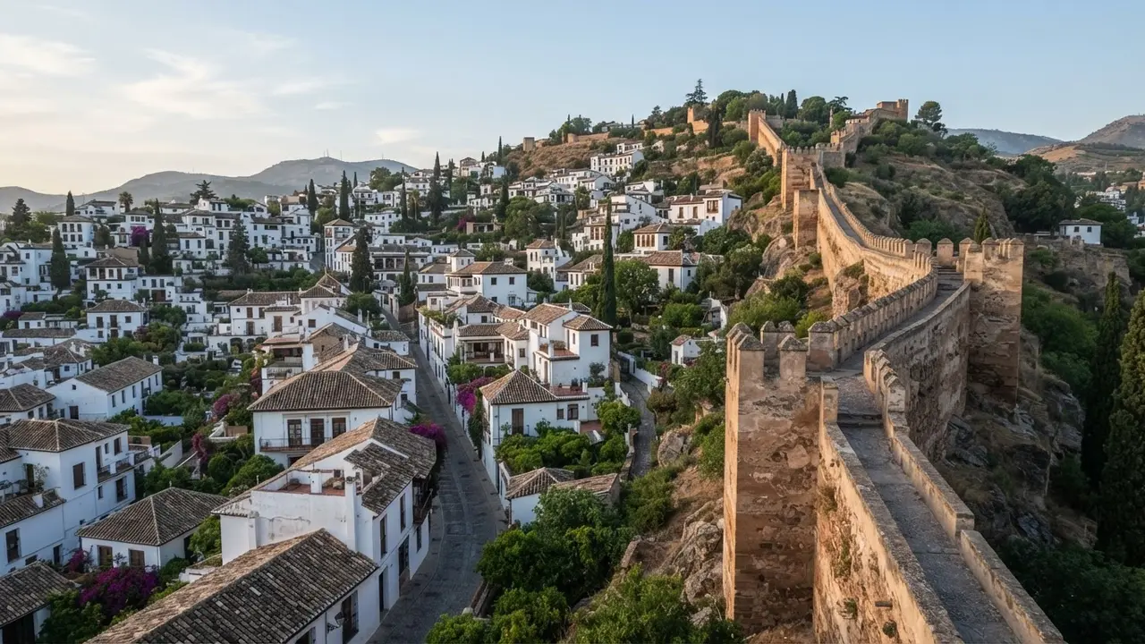 Aerial view of the Albaicín hill in Granada with the Alhambra on the opposite hill, the site of the Zirid medina and its walls