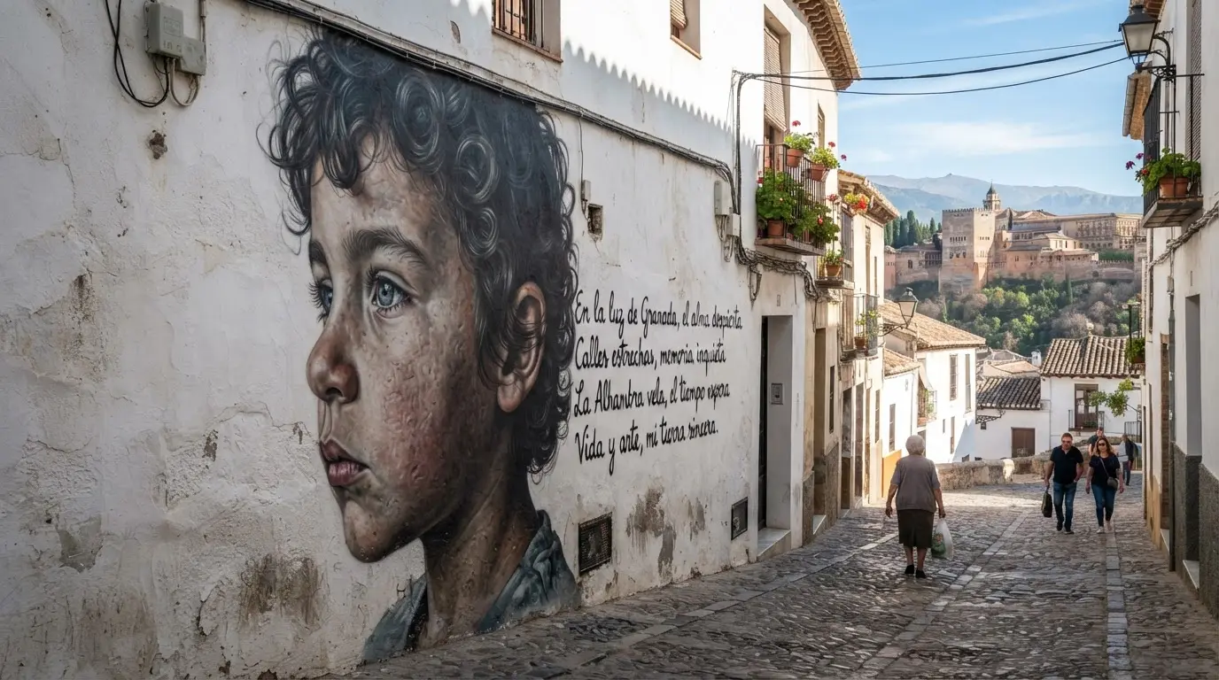 El Niño de las Pinturas mural in the Realejo of Granada: a hyperrealist child's face at large scale with handwritten Spanish text on a sunlit white wall, the Alhambra hill rising behind