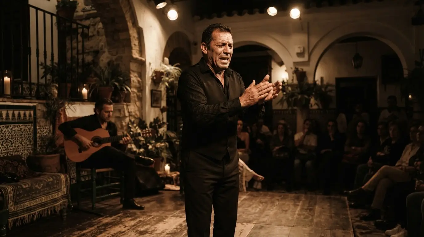 Enrique Morente performing flamenco cante jondo, an intense weathered singer mid-song under warm amber stage light in an intimate Granada tablao, Albaicín's whitewashed walls visible through a doorway behind him