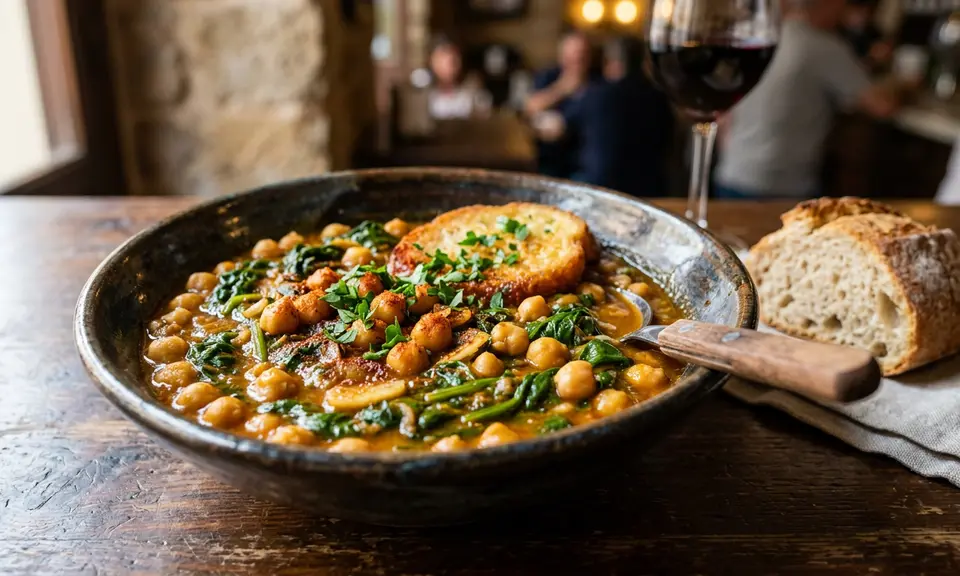 Bowl of espinacas con garbanzos — spinach and chickpea stew in red-tinged sauce with fried bread on the rim