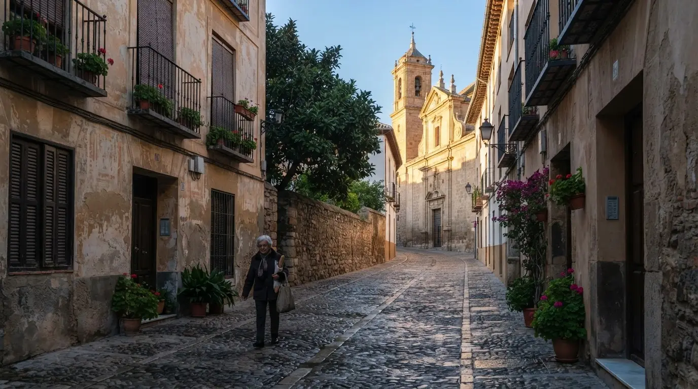 Eugenie de Montijo Granada: painted facade with frescoes and trompe-l'oeil on Calle de Gracia in the Magdalena district, a stone plaque beside the door, soft morning light on a narrow old-town street