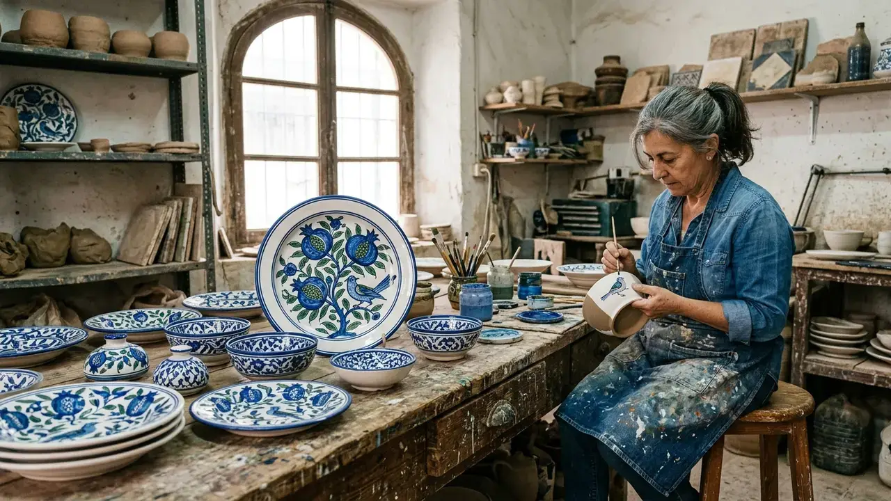 Fajalauza ceramics Granada — hand-painted tin-glazed earthenware plates and bowls with cobalt blue pomegranate and bird motifs on white glaze, displayed at an Albaicín workshop