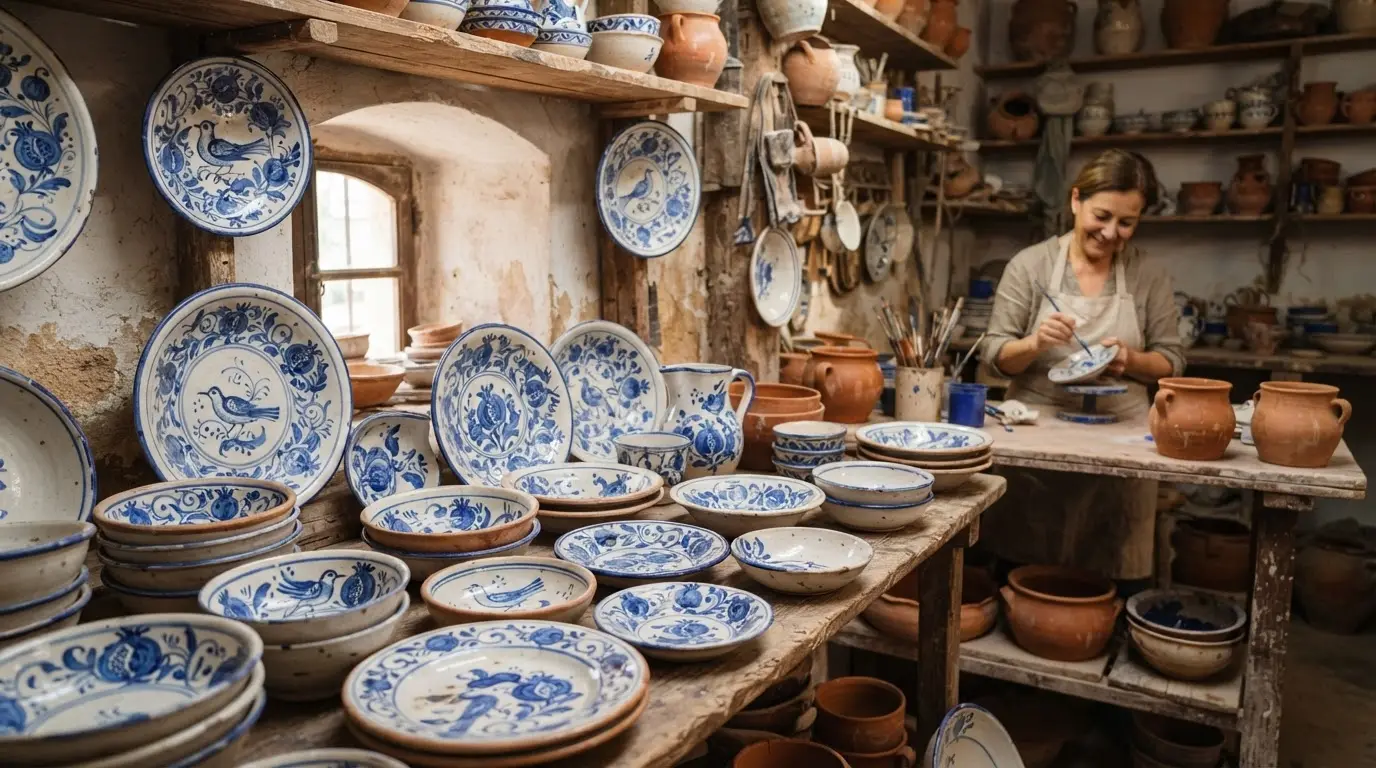 Fajalauza ceramics Granada — hand-painted tin-glazed earthenware plates and bowls with cobalt blue pomegranate and bird motifs on white glaze, displayed at an Albaicín workshop