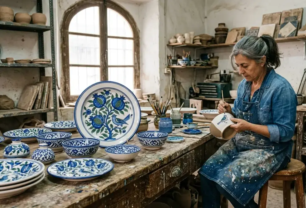 Fajalauza ceramics Granada — hand-painted tin-glazed earthenware plates and bowls with cobalt blue pomegranate and bird motifs on white glaze, displayed at an Albaicín workshop