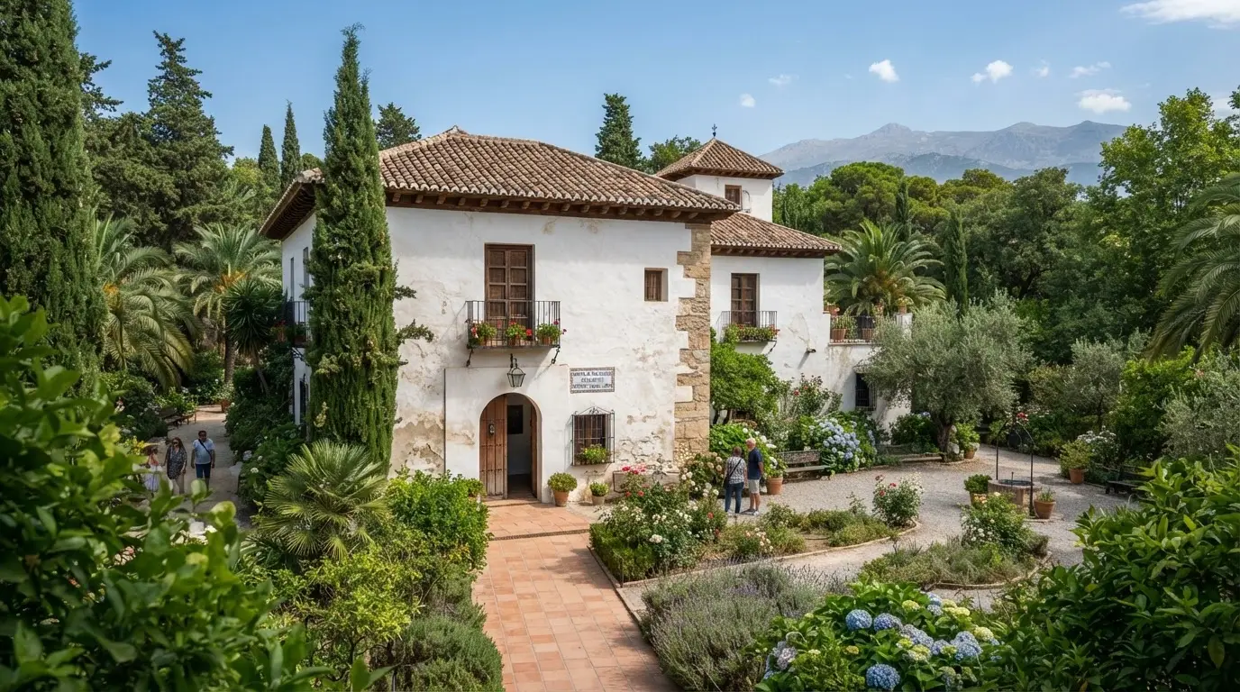 Exterior of the Huerta de San Vicente house-museum in Granada where Federico García Lorca wrote his major plays, white-painted Andalusian farmhouse surrounded by gardens in the Parque Federico García Lorca