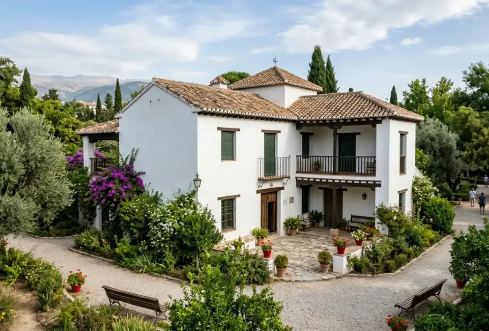 Exterior of the Huerta de San Vicente house-museum in Granada where Federico García Lorca wrote his major plays, white-painted Andalusian farmhouse surrounded by gardens in the Parque Federico García Lorca