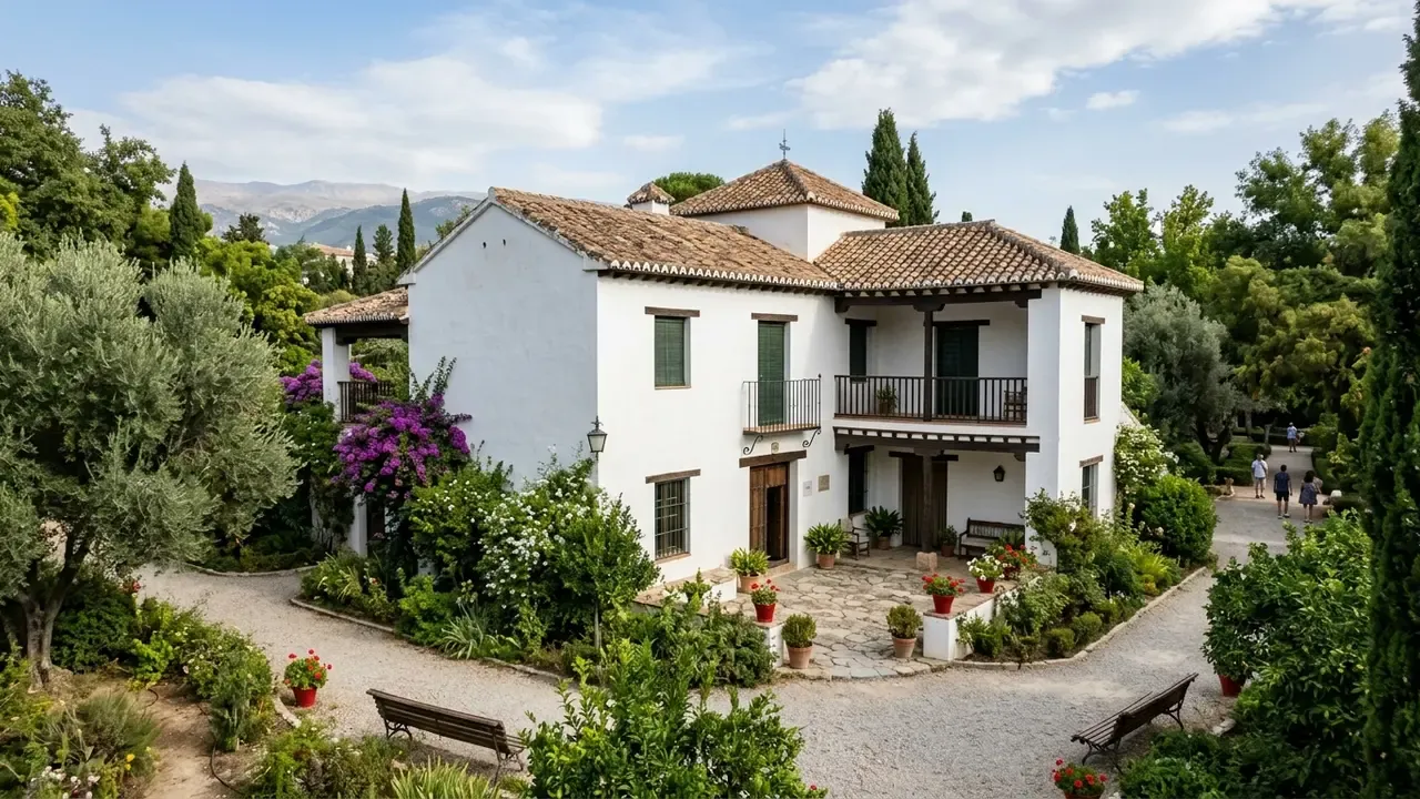 Exterior of the Huerta de San Vicente house-museum in Granada where Federico García Lorca wrote his major plays, white-painted Andalusian farmhouse surrounded by gardens in the Parque Federico García Lorca