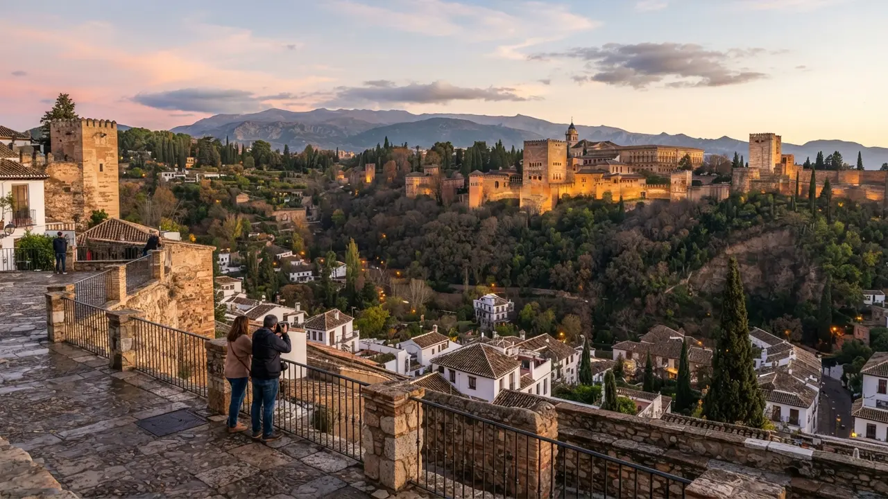 View from Mirador de San Nicolás across the Darro valley to the Alhambra at sunrise, Granada