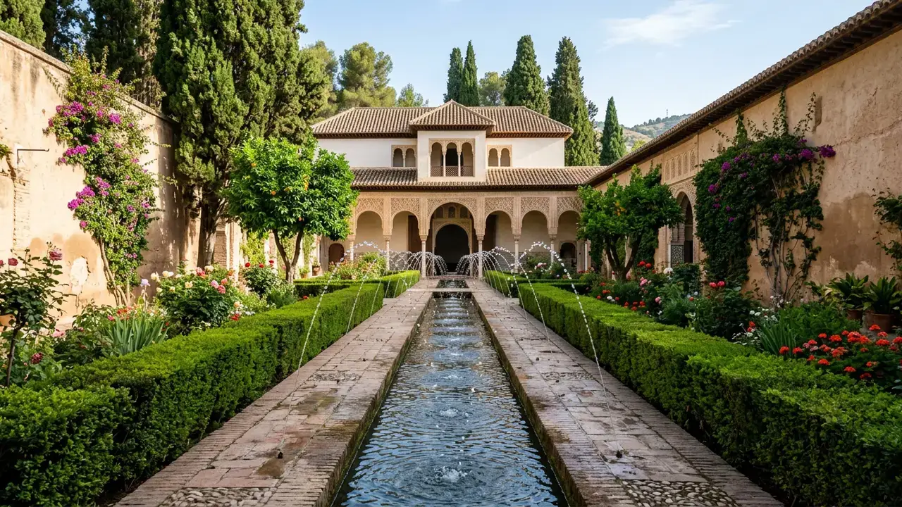 Patio de la Acequia in the Generalife gardens Granada at morning light, long water channel with arching jets, myrtle hedges and cypress trees, 14th-century Nasrid colonnade pavilion at the far end