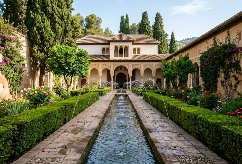 Patio de la Acequia in the Generalife gardens Granada at morning light, long water channel with arching jets, myrtle hedges and cypress trees, 14th-century Nasrid colonnade pavilion at the far end