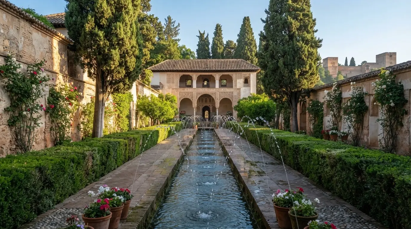 Patio de la Acequia in the Generalife gardens Granada at morning light, long water channel with arching jets, myrtle hedges and cypress trees, 14th-century Nasrid colonnade pavilion at the far end
