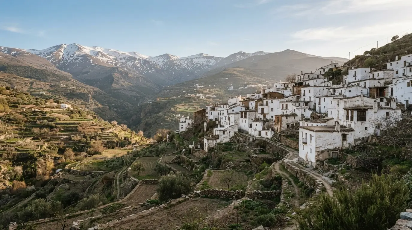 Gerald Brenan Yegen: whitewashed flat-roofed houses of Yegen on a mountain slope in the Alpujarras, soft afternoon light, terraced fields and the Sierra Nevada behind