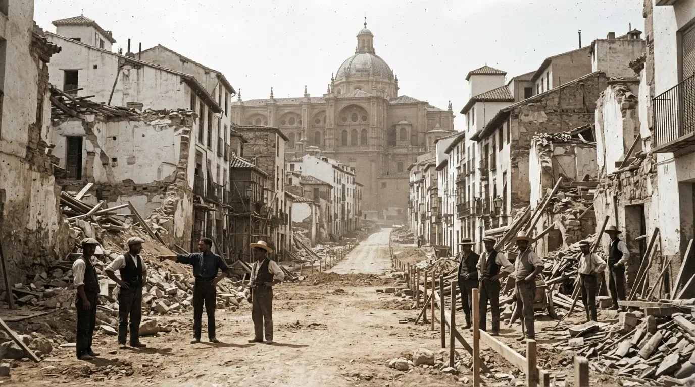 Gran via de colon granada history: a straight early twentieth-century avenue of new apartment blocks cutting through narrow medieval lanes beside the cathedral's rear facade, sepia light