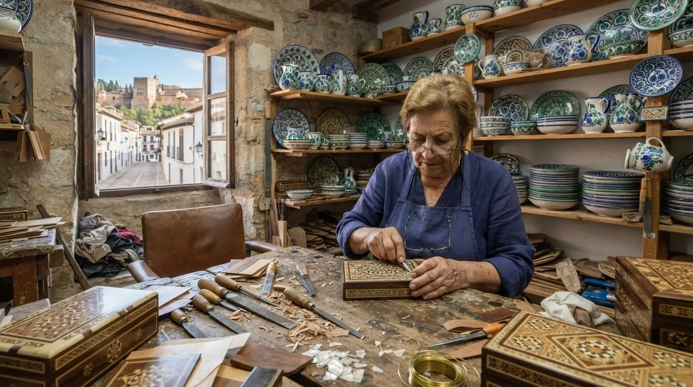 Granada artisan crafts — taracea marquetry boxes and Fajalauza blue-and-green ceramics with pomegranate motifs at an Albaicín workshop