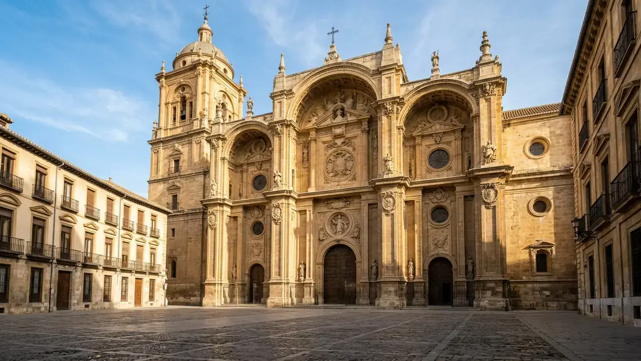Interior of Granada Cathedral showing Diego de Siloé's Renaissance arches and the circular Capilla Mayor with gold stars on blue dome