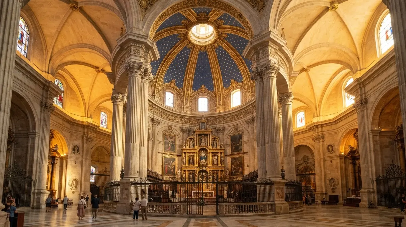 Interior of Granada Cathedral at golden hour, the circular capilla mayor rotunda with twelve towering Ionic pillars, gold stars on a blue vaulted dome, clerestory light filtering through high windows in the Renaissance nave