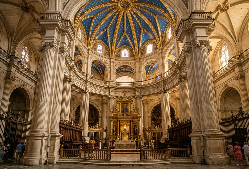 Interior of Granada Cathedral at golden hour, the circular capilla mayor rotunda with twelve towering Ionic pillars, gold stars on a blue vaulted dome, clerestory light filtering through high windows in the Renaissance nave